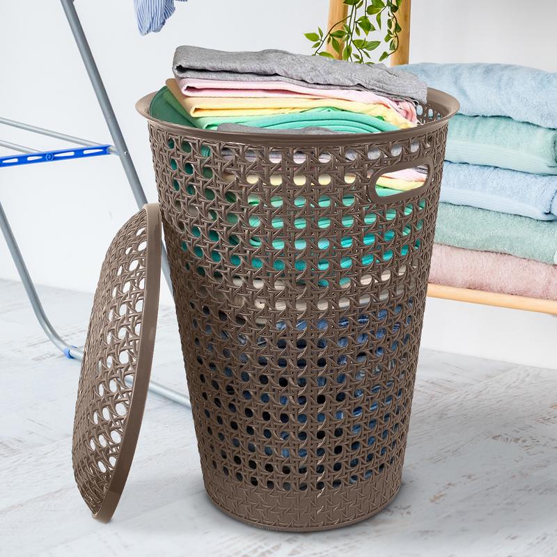 Small Plastic Laundry Basket with Lid and Handles, 48 Litre Basket storage Hamper in Grey, Taupe or White,, 39cm x 26cm x 52cm Organiser Rattan 3