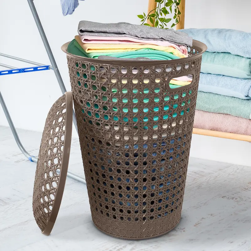 Small Plastic Laundry Basket with Lid and Handles, 48 Litre Basket storage Hamper in Grey, Taupe or White,, 39cm x 26cm x 52cm Organiser Rattan 3