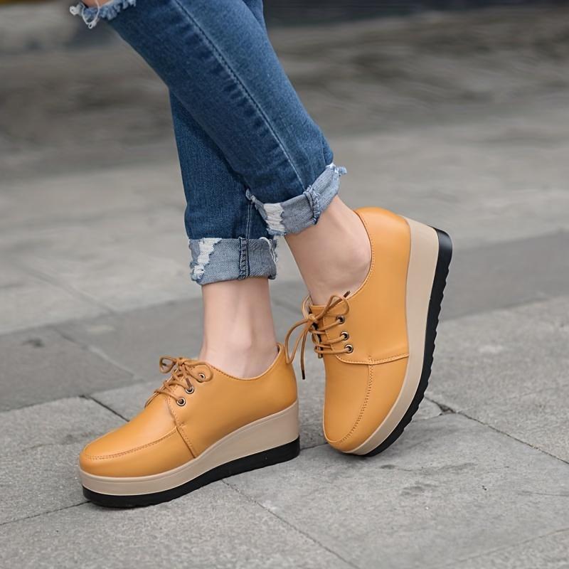 Women's Platform Wedge Loafers, Lace Up Round Toe Heightening Shoes, All-Match Loafers 6
