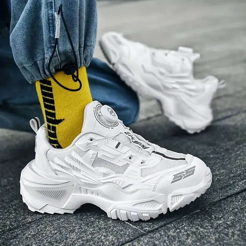 Men's Solid Chunky Shoes With Rotating Buckle, Comfy Non Slip Soft Sole Casual Durable Sneakers For Men's Outdoor Activities Boy Walking Shoes Trainer Runner Training Sports Shoes Athletic Closed Running Footwear 8