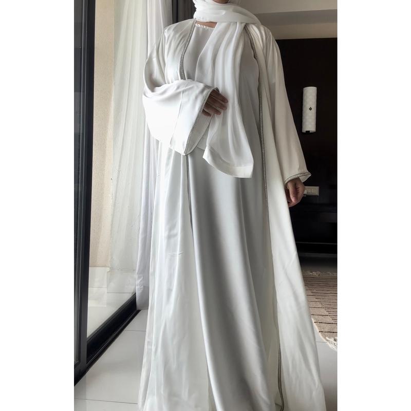 ELENA Abaya - White, 4pc Set with Silk Sleeve Open Jacket, Inner Short Sleeve Dress, Detachable Belt & Hijab 3