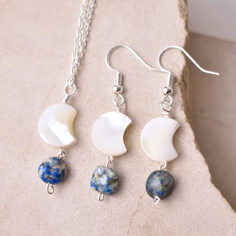 Handmade Crescent Moon Mother of Pearl with Azurite Crystal Earring and Necklace Set, Healing Crystal Drop Earring Pair, Azurite Healing Crystal Jewellery Christmas Gift 2