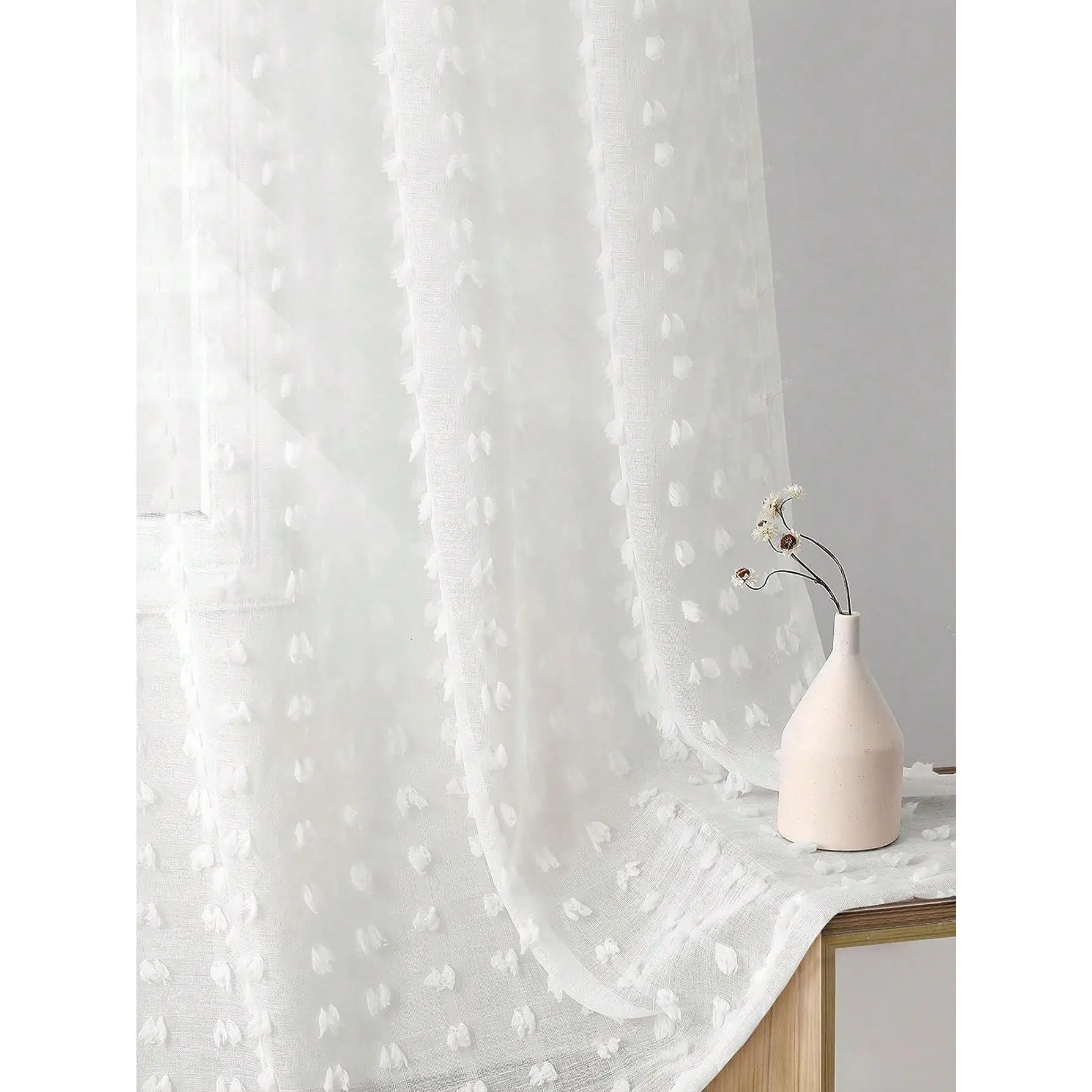 1pc Bohemian Style White Sheer Curtain With Pom Poms - Rod Pocket, Light Filtering, Uv Resistant, 100% Polyester Fiber, Suitable For Window Decoration In Bedroom, Office, Kitchen, Living Room And Study, Four Seasons Applicable