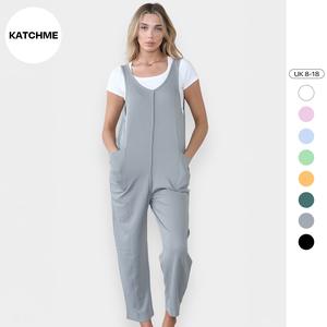 KatchMe Women's Athleisure Plain U Neck Sleeveless Side Pocket Textured Jumpsuit,Casual Solid Color Thick Straps Tank Jumpsuit,Versatile Womenswear