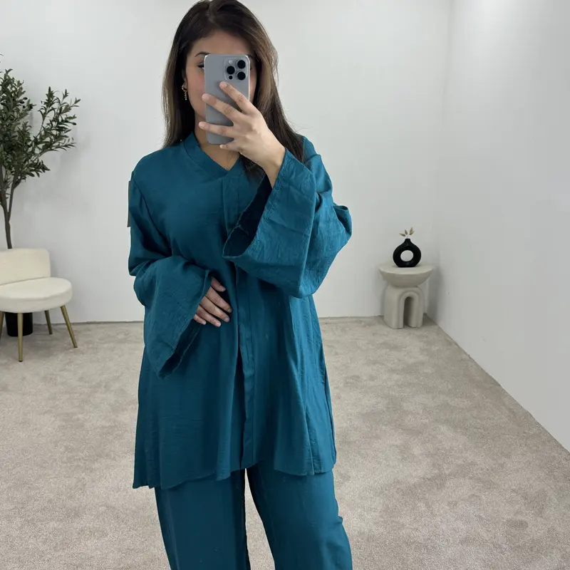 Women's V-Neck Flare Sleeves Linen Feel Two Piece Wide Sleeves, Wide Trouser Modestwear, Holiday Set,ModesstWear Womenswear Casual Comfortable Overalls 7
