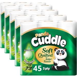 Panda Cuddle 3ply Soft Quilted Toilet Rolls - Pack of 45 with Aloe Vera Scent Wipes Scented