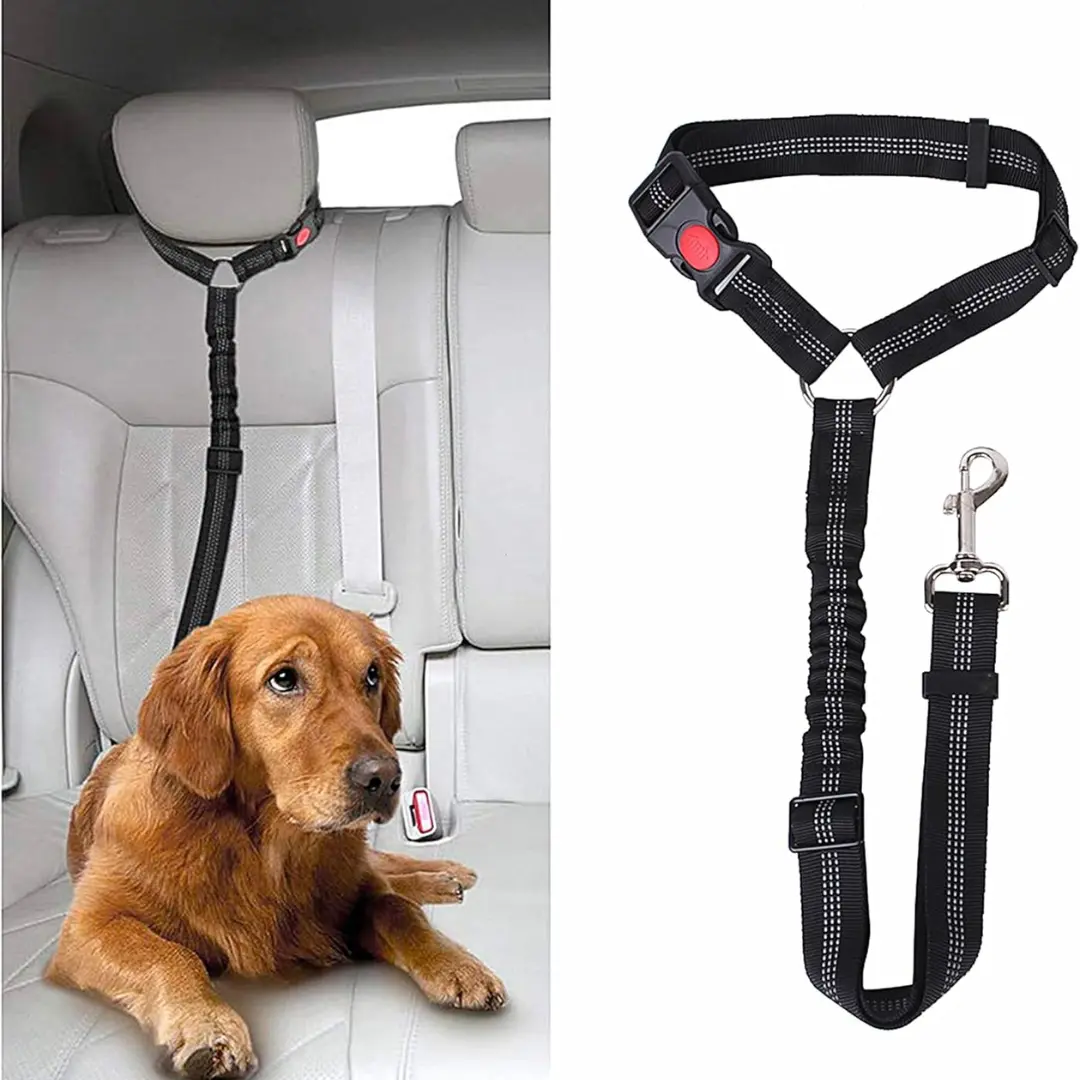 OneSave Adjustable Headrest Dog Car Seat Belt - Durable Elastic Bungee Restraint Strap, Pet Safety Harness for Dogs, Cats, & Pets - Anti-Shock, Strong Nylon Leash, Explosion-Proof Car Seatbelt, Universal Fit Dog Car Accessories for Travel Safety lead gray