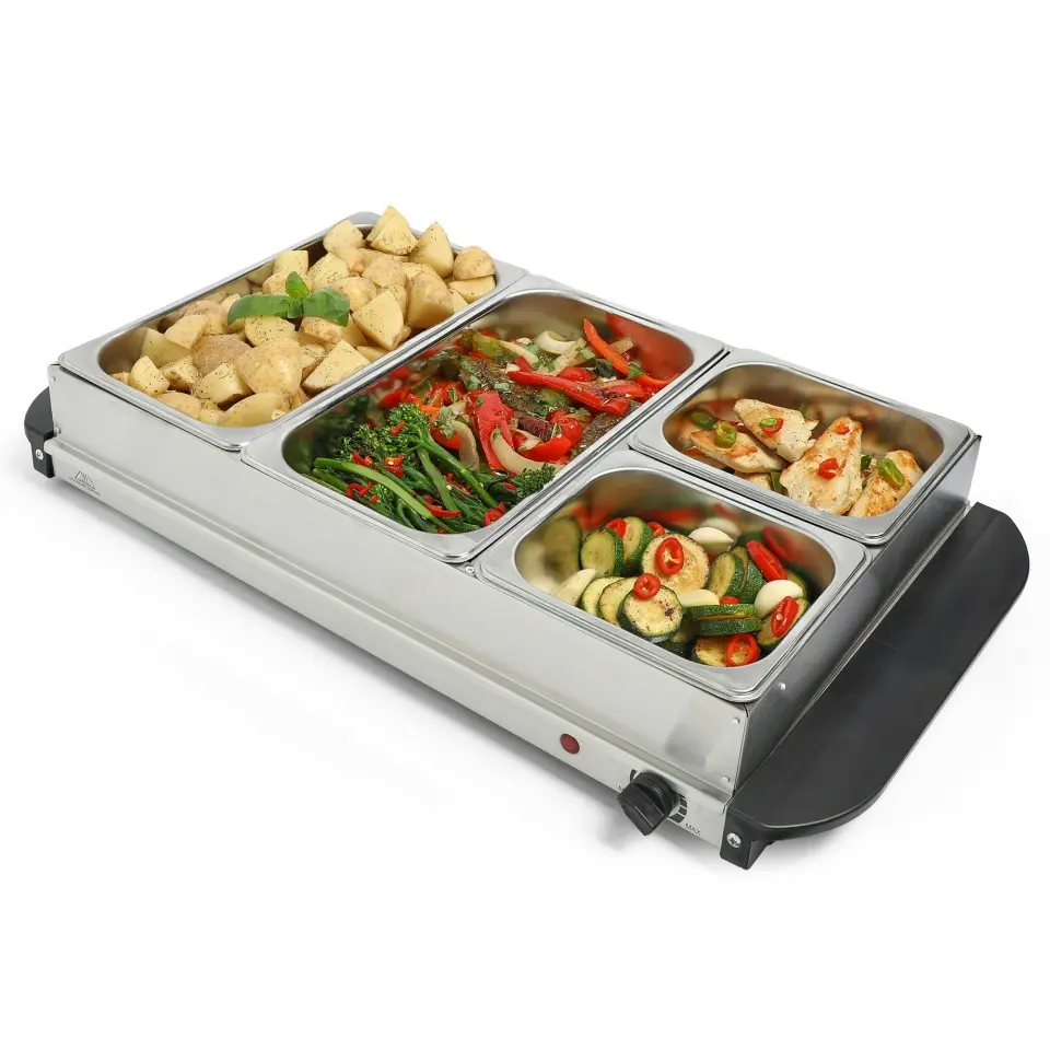 4-Tray Buffet Server & Warming Tray - 7.2L Portable Food Warmer for Entertaining - Plates