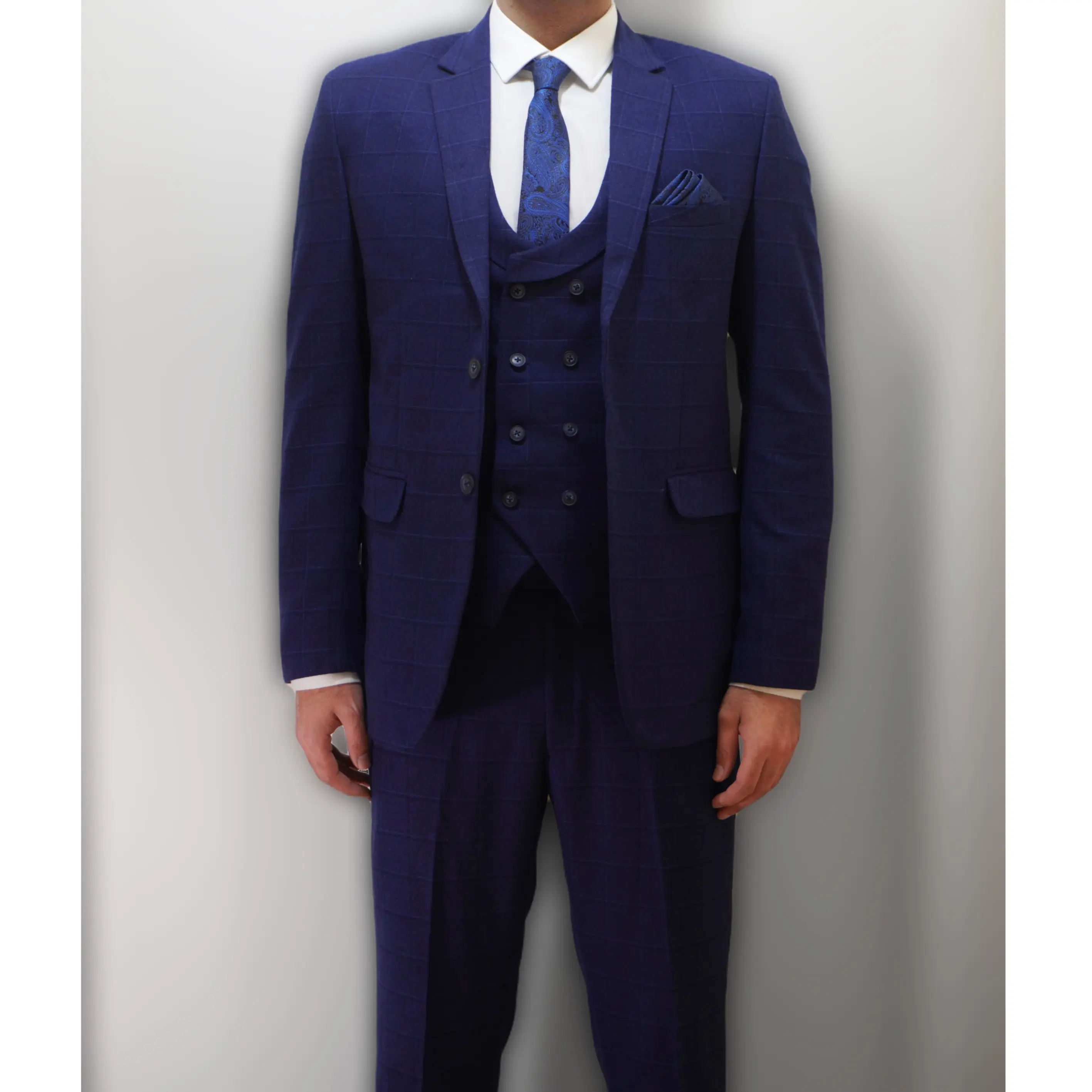 Preston Tweed Blue Suit 3 Piece Mens, Wedding, Prom, Groomsmen, Office - Check pattern