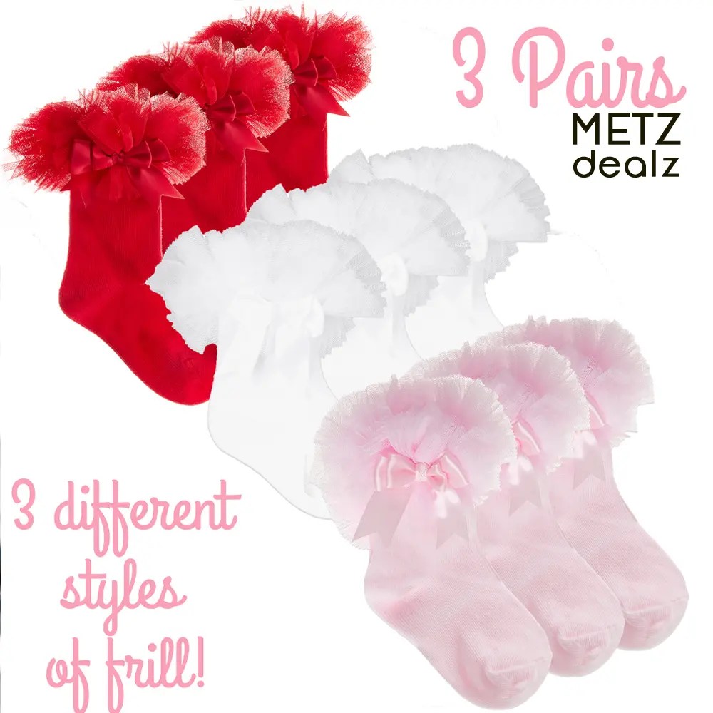 Baby Girls 3 Pairs Tutu Socks 3 Pack Frilled Socks Frill Cotton Rich Cute Bow Lace White Red Pink Spanish Socks 0-24 Months UK