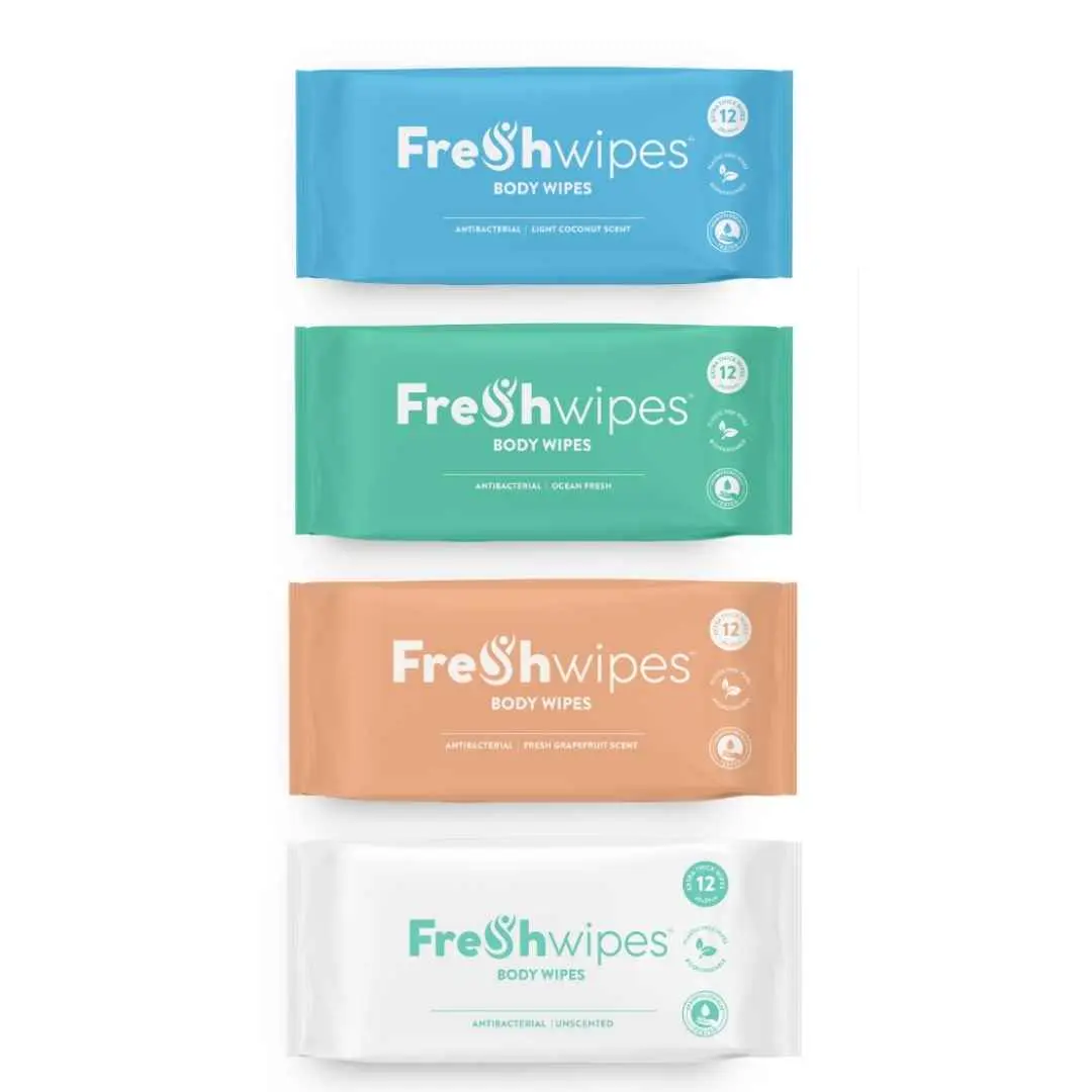 FreshWipes Antibacterial Body Wipes - Biodegradable & Vegan Rinse Free Wipes for Adults - Coconut, Grapefruit, Unscented