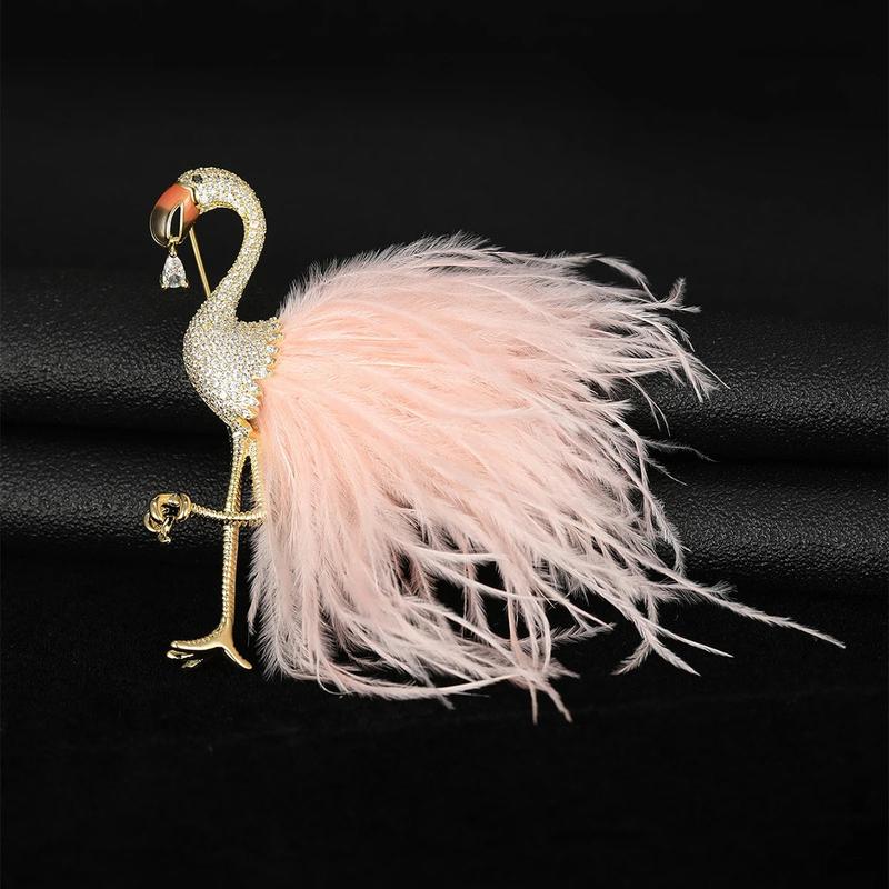Pink Flamingo Brooch with Faux Feathers 2