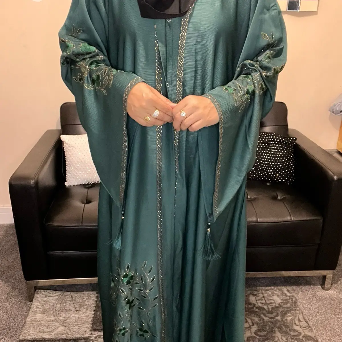 Amna abaya, embroidery and embellishment work with hijab zoom fabric made in Dubai