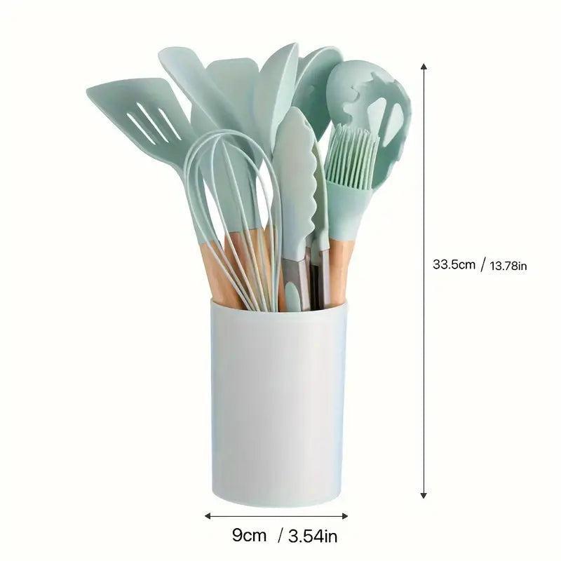 12 Pcs Non-Stick Silicone Cooking Utensils Spatula, Tong, Whisk Set  with Wooden Handle 4
