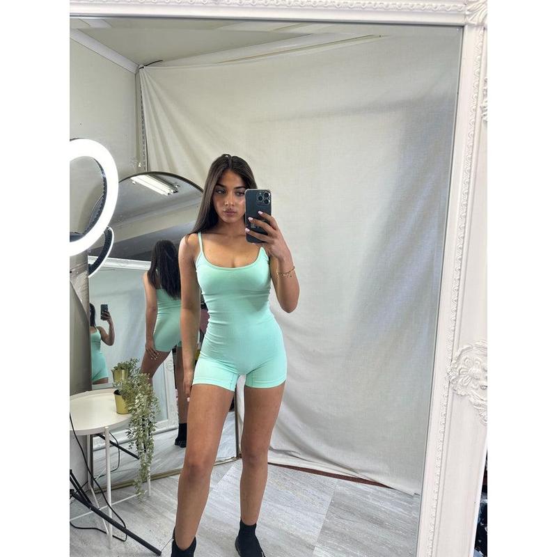 Della unitard ribbed shoe string straps one piece gym lounge wear sets 2