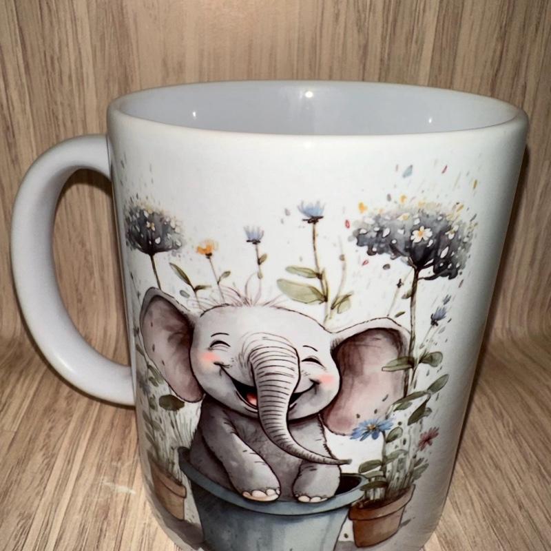 Smiley elephant mug gift set, Elephant gift, Elephant Mug Ceramic Drinkware Printed Reuse Washable Reusable 3