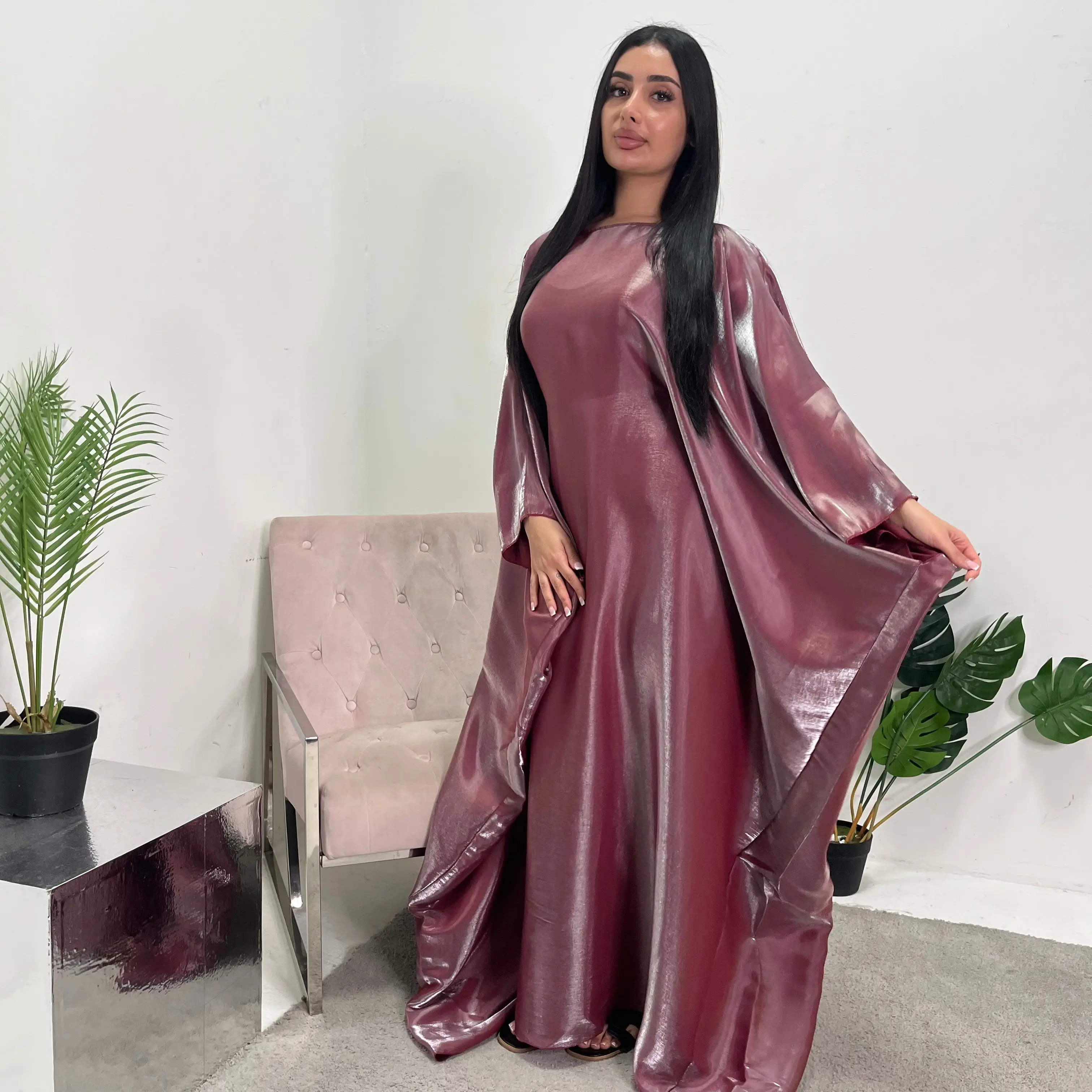 Zayna Wine Shimmer Tie Kaftan Dress