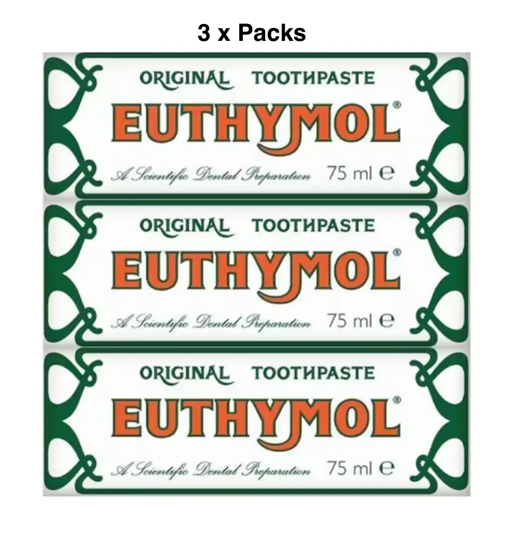 Euthymol Original Toothpaste 75ml - No Fluoride, Anti-Plaque, Antibacterial, Cavity Protection, Teeth & Gums Clean and Healthy, Cool Mint Refresh, Daily Oral Enamel Dental Care - 3 Packs