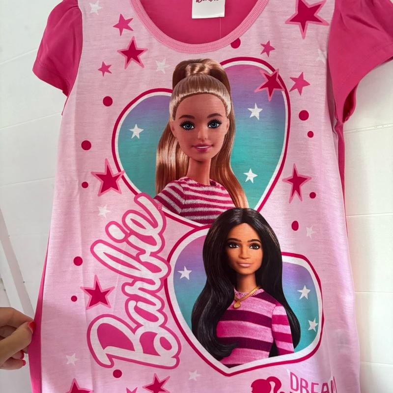Barbie Doll Nightdress Nighty Girls Nightie Nightwear Pyjamas Pjs Nightwear Sleepwear Kids Toddler Childrens Character Pink Short Sleeve Night Dress Hearts Frill 3