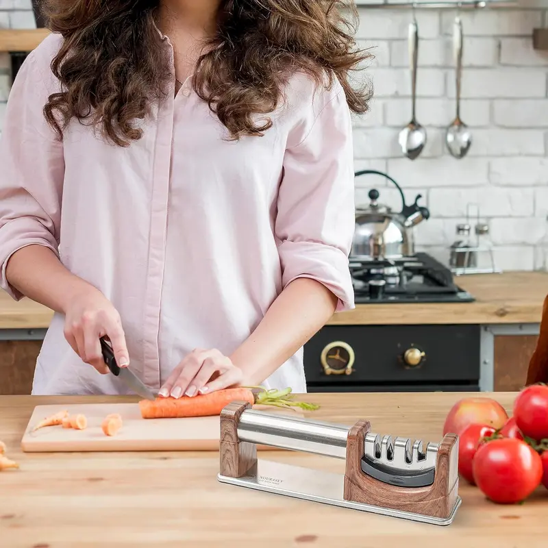 Noura Sky Knife Sharpener 4 in 1 | Kitchen Knives & Scissors | Professional 3 Stages Manual Knife Sharpening | Non-Slip Base (Wooden Color). 2