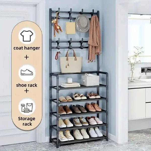 FROM UK -5Layer Metal Storage Rack having 8 Safe Hooks Large Capacity Organizers for Clothes, Shoes, Hats, Bags, Umbrellas. For Bedroom Hallway Entryway Living Room Bathroom Storage Shelf. Free Standing Space-Saver. Home Gift Idea stand 2