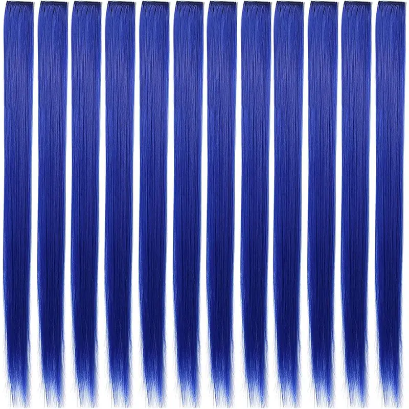 12Pcs Blue Hair Extensions Clip in Girls,21 Inch Heat-Resistant Synthetic Straight Blue Hair Accessories for Women Girls Gift Party Highlights Blue Hairpiece (Blue) 2