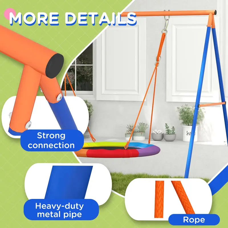 Outsunny Metal Kids Swing Set Nest Swing Seat with A-Frame Structure for Outdoor Use - Multicoloured 6