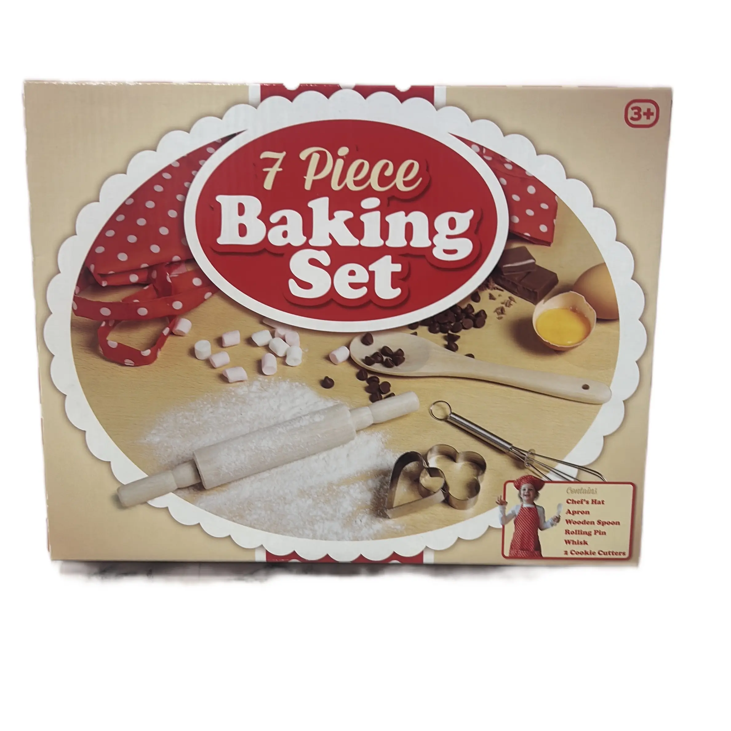 7 Piece Baking Set for Kids 3+ - Great Gift for Kids - Bakeware Baked Cookie Cutters Rolling Whisk Wooden