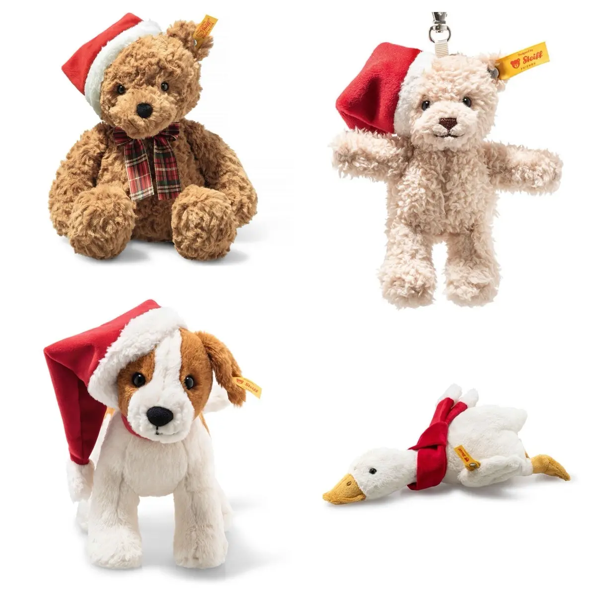 Steiff Soft Cuddly Friends Christmas Plush Jimmy Bear, Gilda Goose Snuffy Dog and Ben bear keychain – Christmas premium plush soft toy
