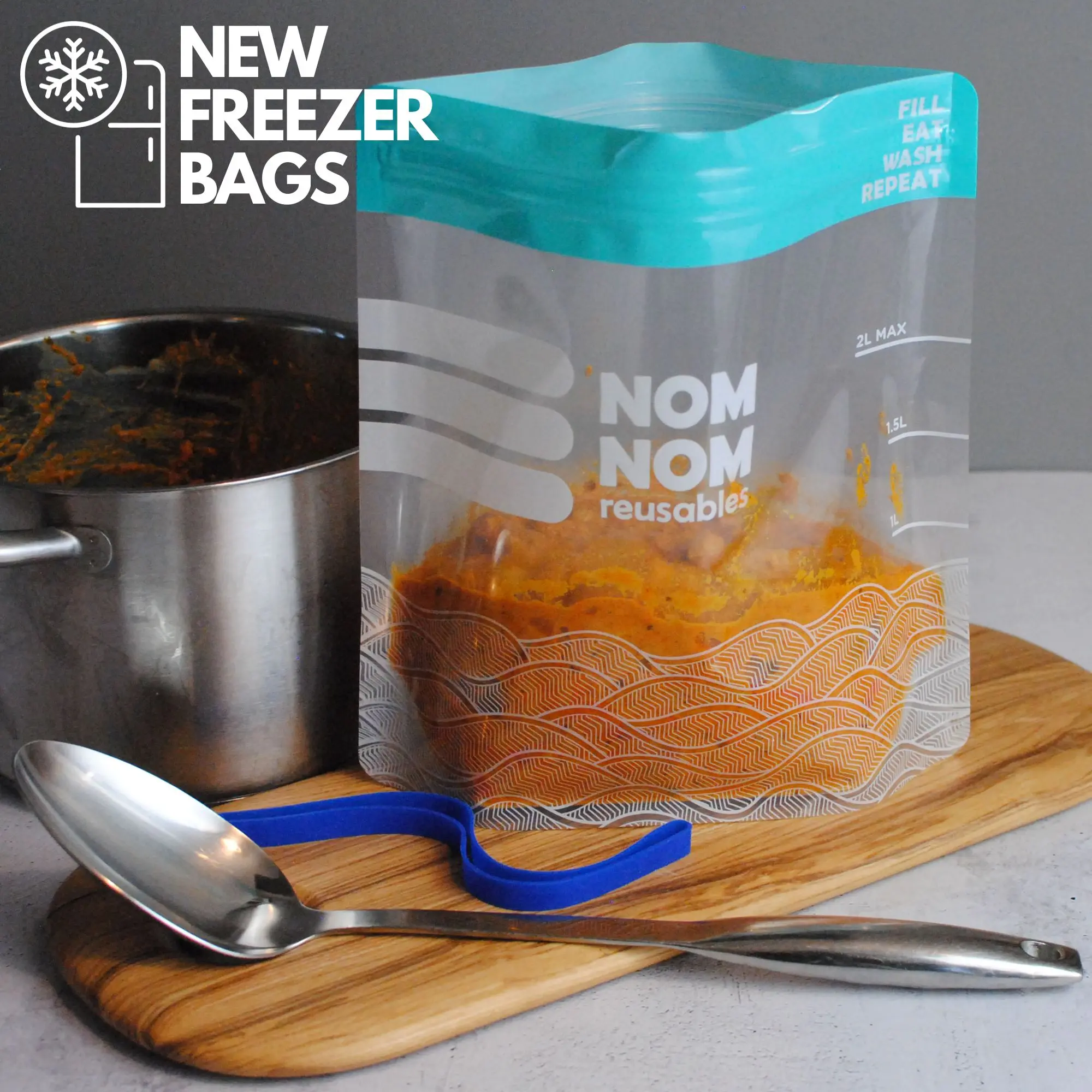 Reusable Freezer Bags - Wave Design x 4 with easy fill silicone belly band Plastic Storage bag