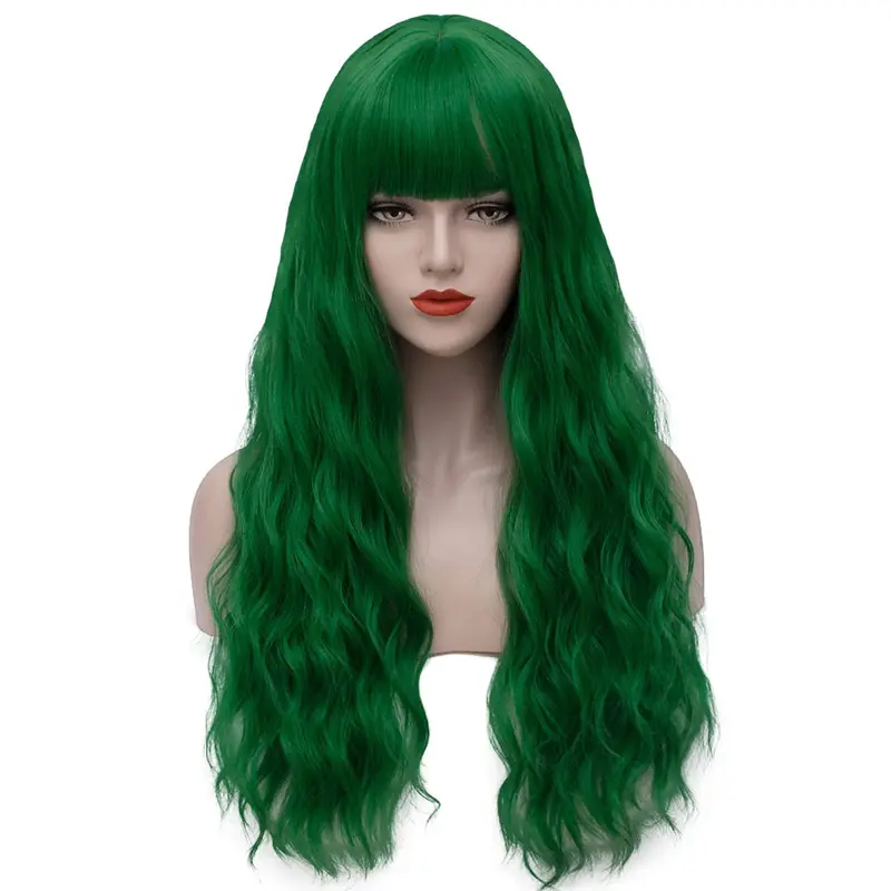 Craigs bits and bobs Sallcks Womens Long Curly Wavy Green Wig with Bangs Synthetid Heat Resistant Halloween Cosplay Costume Wigs 1