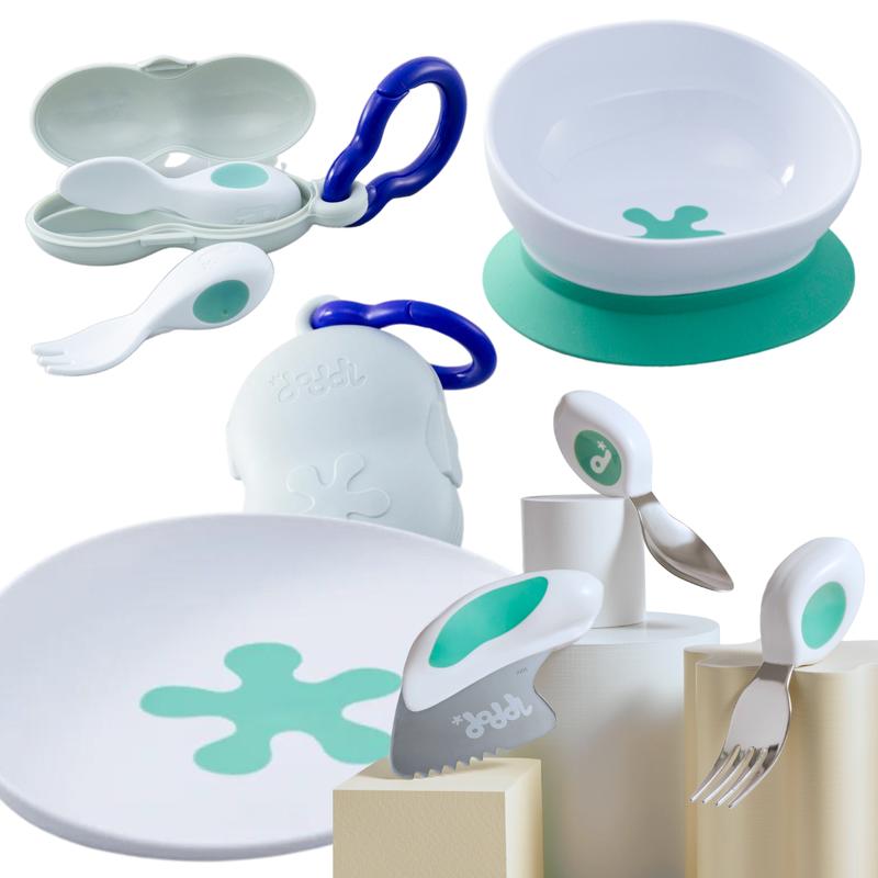 doddl - full Mealtime Set for Baby To Toddler, includes Baby Spoon and Fork, Aqua Suction Bowl, Toddler Spoon Fork and Knife Set with Carry Case and Toddler Plate 1