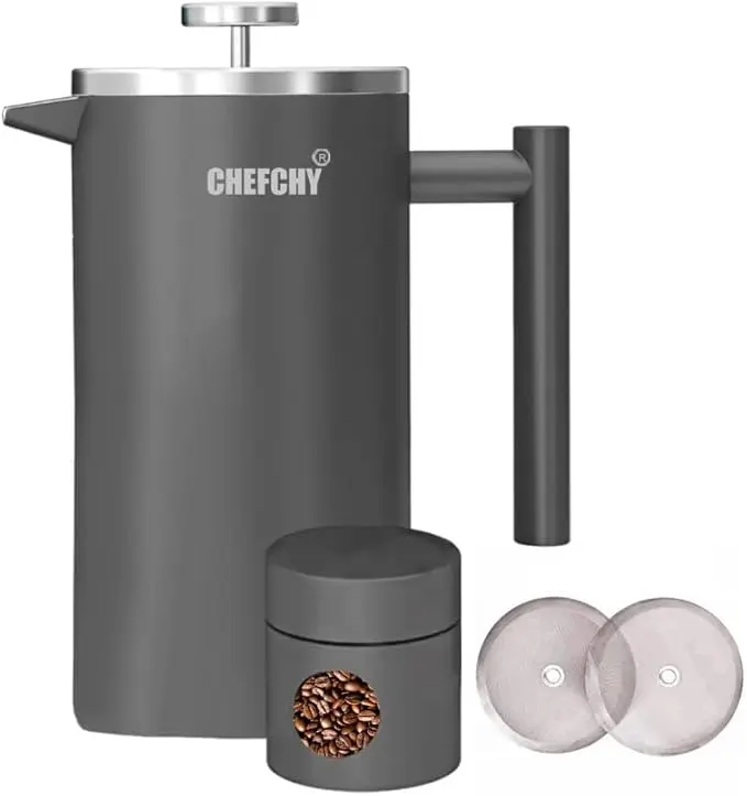 CHEFCHY French Press Coffee Maker, Double-Walled, 304 Stainless Steel, 1L/34oz, Rust-Free, Dishwasher Safe, FREE 2pcs Filters & FREE Coffee Canister