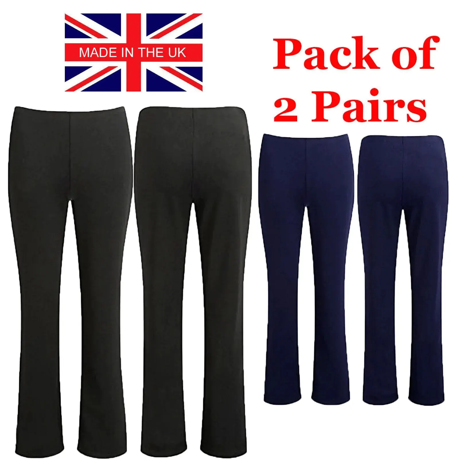 Pack of 2 Ladies Bootleg Trousers Women Boot Cut High Rise Stretch Soft Finely Ribbed Pull On Nurse Carer Work Bottoms Elasticated Waist Pants Plus Big Sizes 8-26 Comfortable Fabric Womenswear Basic Boot Cut