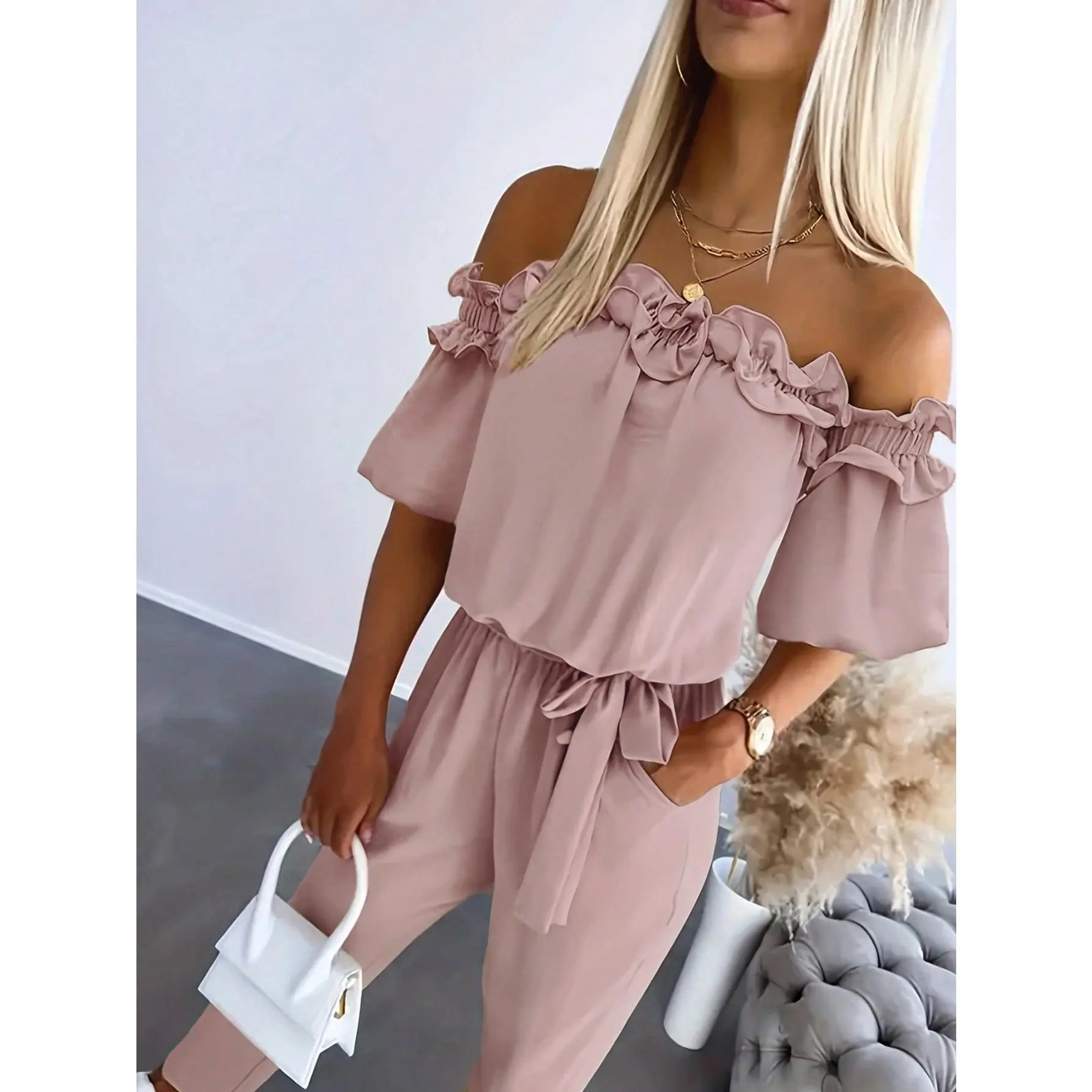 INAWLY Women Elegant Off Shoulder Solid Color Layered Ruffle Trim Tie Waist Side Pockets Jumpsuit