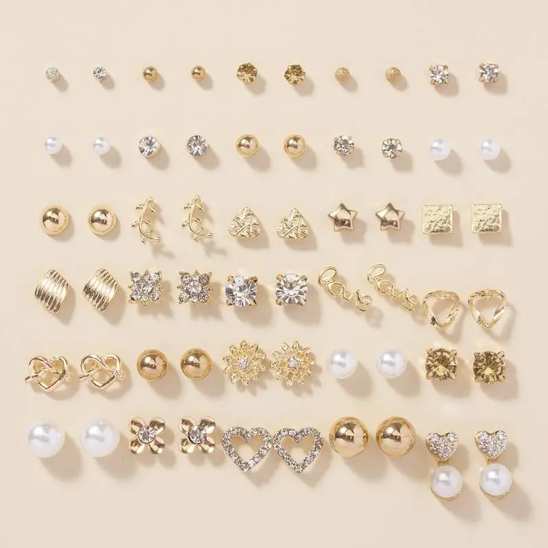30 Pairs x Alloy Full Rhinestones Love Round Faux Pearl Letter Stud Earrings Set 0