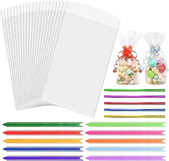 Cellophane Bags,100pcs (6 x 10 Inches) Cellophane Bags with 100pcs Colorful Pull Bows & 100pcs Colorful Ties,Flat Bottom Sweets Clear Bags for Present Packaging of Christmas, Halloween, Birthday.