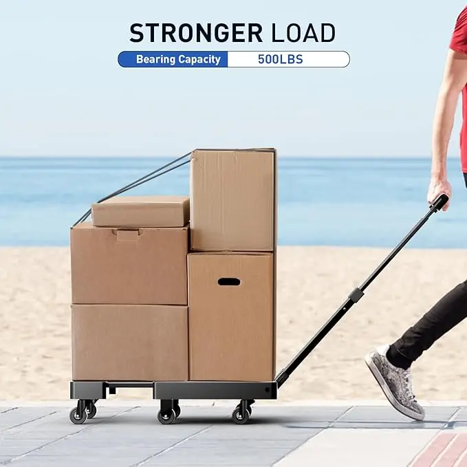 SPACEKEEPER Folding Hand Trolley, 227KGS Heavy Duty Platform Trolley with 6 Wheels and 2 Elastic Ropes for Luggage, Travel, Car, Shopping, Moving and Office, Orange 4
