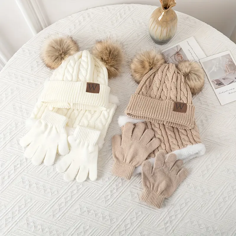 A set of Youngsters's autumn and winter three-piece set of cold-proof and warm suits including double ball knitted hat, scarf, gloves, fashionable and versatile brimless hat suitable for outdoor camping, hiking, and skiing 7