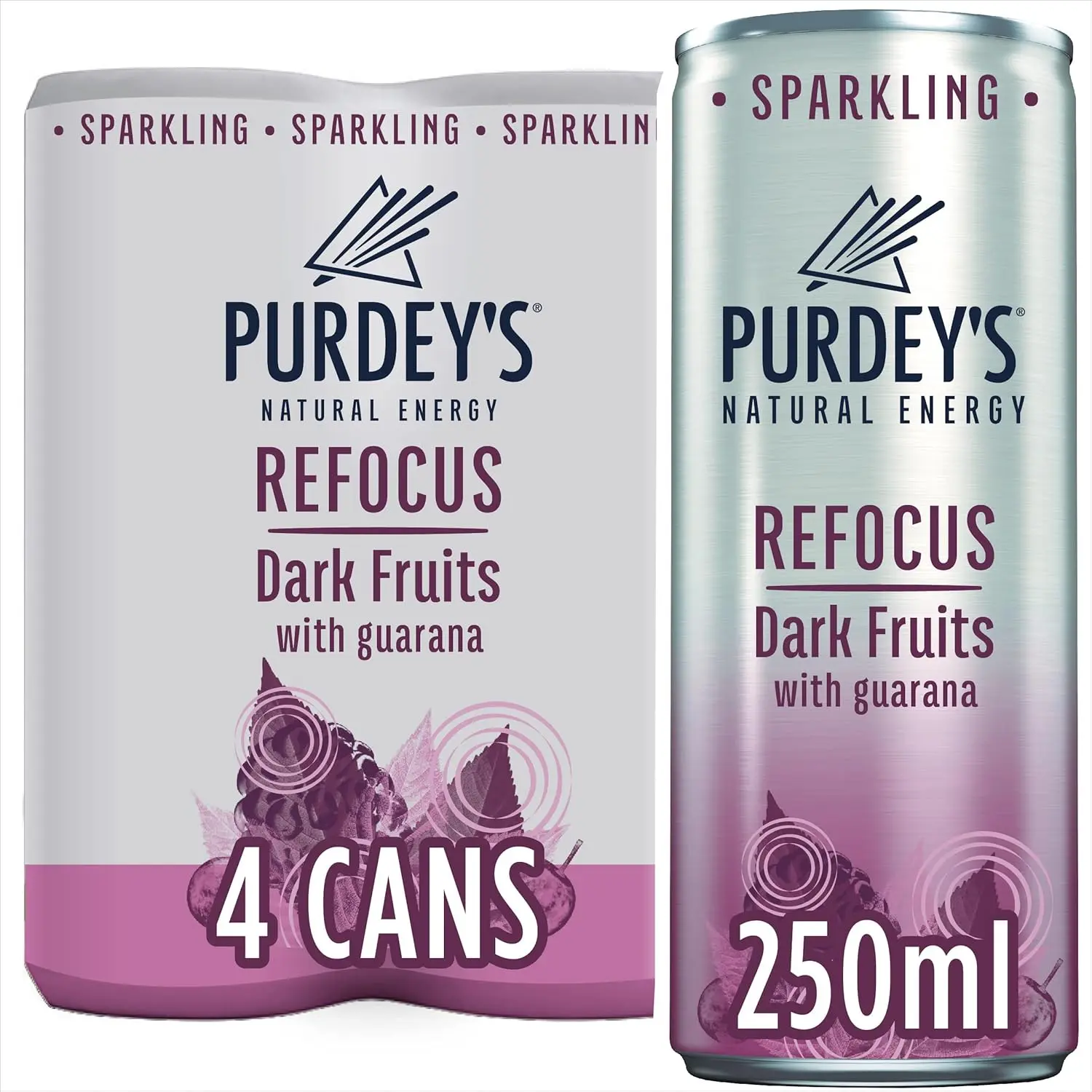 Natural Energy Sparkling Drink | Dark Fruits | With Guarana & B-Vitamins | 4 x 250ml Cans | No Added Sugar