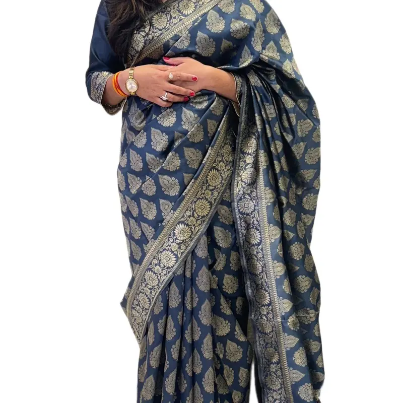 Lead grey Katan Saree with Blouse - Traditional Dress for Women