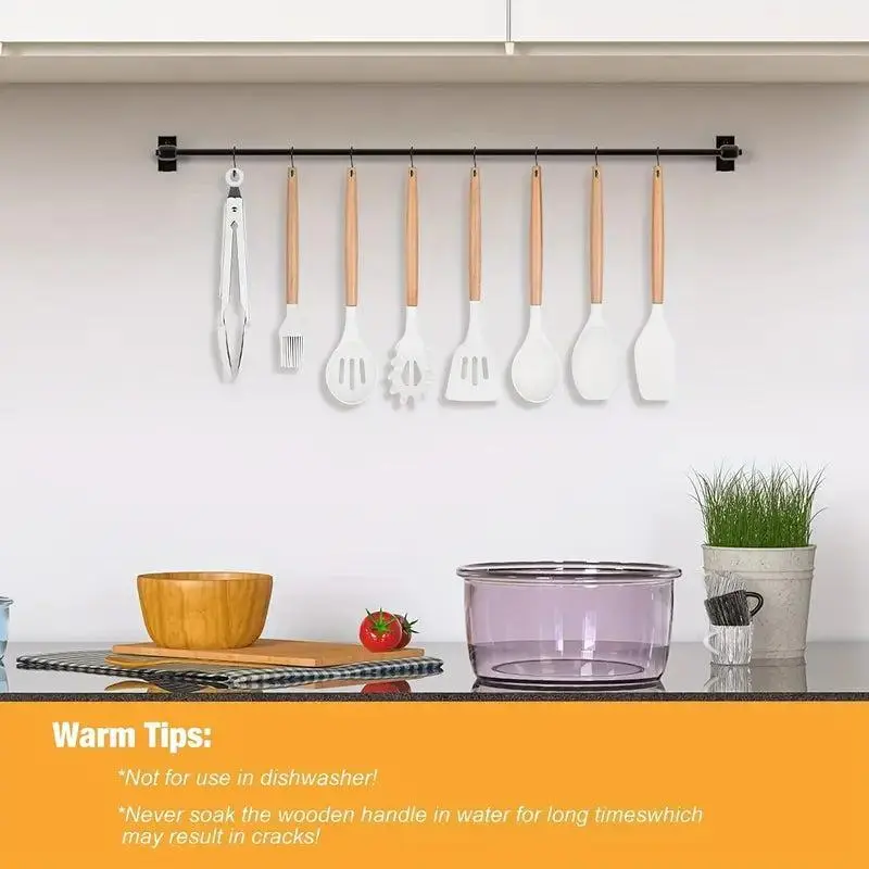 12 Pcs Non-Stick Silicone Cooking Utensils Spatula, Tong, Whisk Set  with Wooden Handle 2
