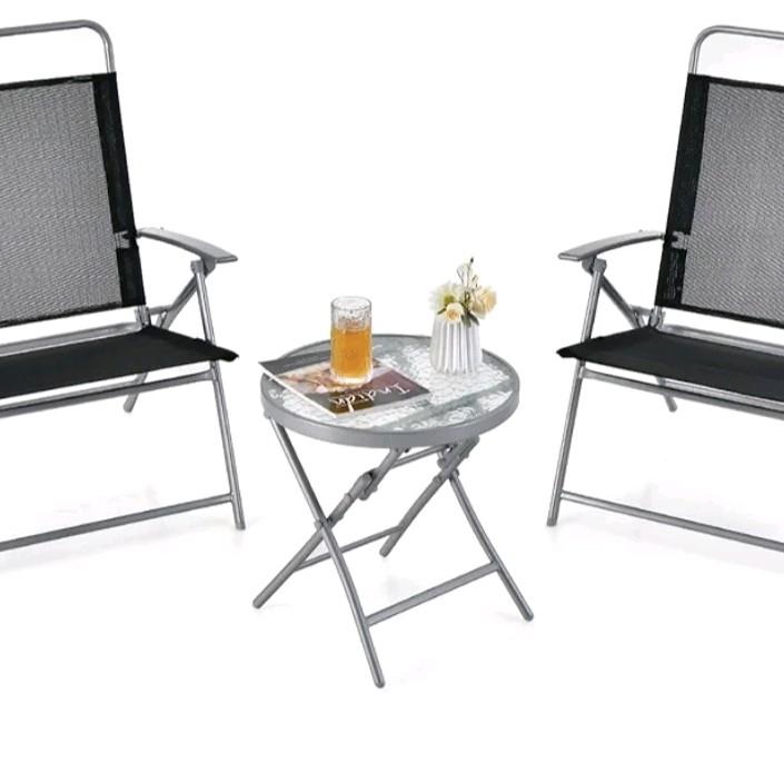 3PCS Patio Bistro Set, Garden Folding Chairs and Table Set with Ripple-like Glass Tabletop, Metal Frame Outdoor Dining Furniture Conversation Set for Balcony, Deck, Yard, Poolside 1