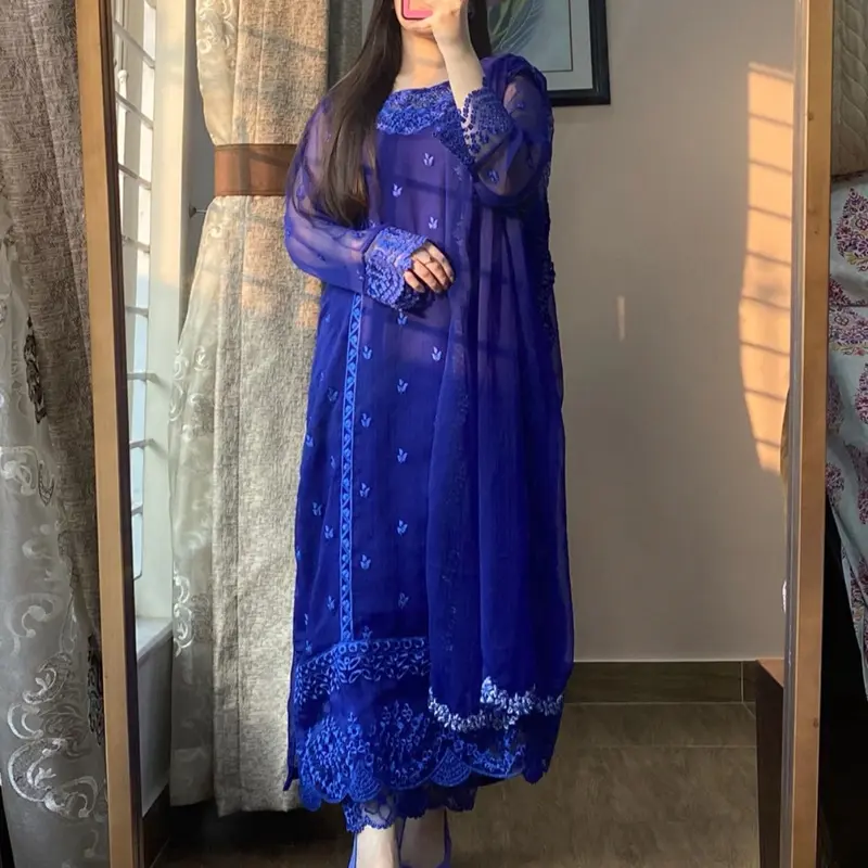Navy Delight Embroidered Chiffon Women's Dress - Semi Formal Comfort - Womenswear, Long Sleeve, Fitted