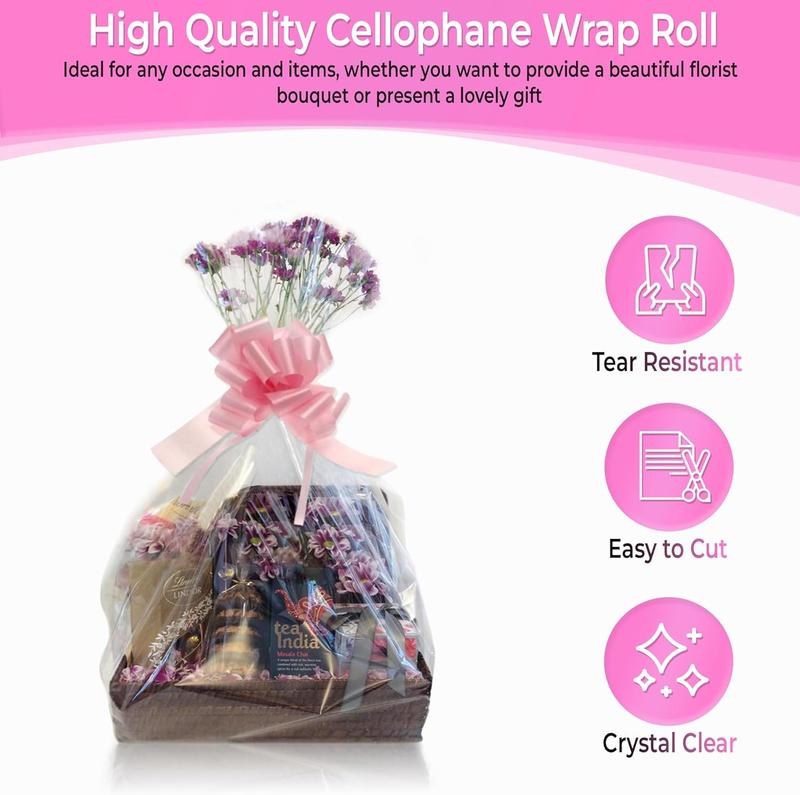 20m x 50cm Clear Hamper Cellophane Wrap & Pink Pull bow Clear Wrapping Paper Cellophane wrap for hampers. 2