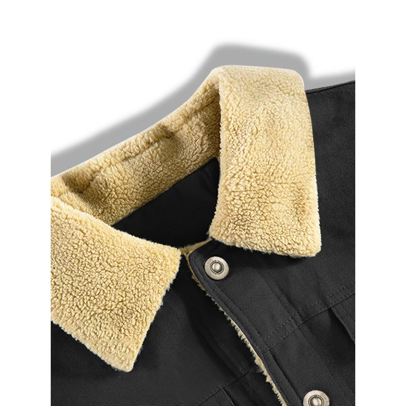 Men's Fashion Trendy Cotton Fleece-Lined Jacket, Casual Workwear Outerwear with Sherpa Collar, Button-Up, Multiple Pockets Menswear Coats Tops Underwear Long Sleeve Beige Human Tights Plain Longsleeves Collared 4