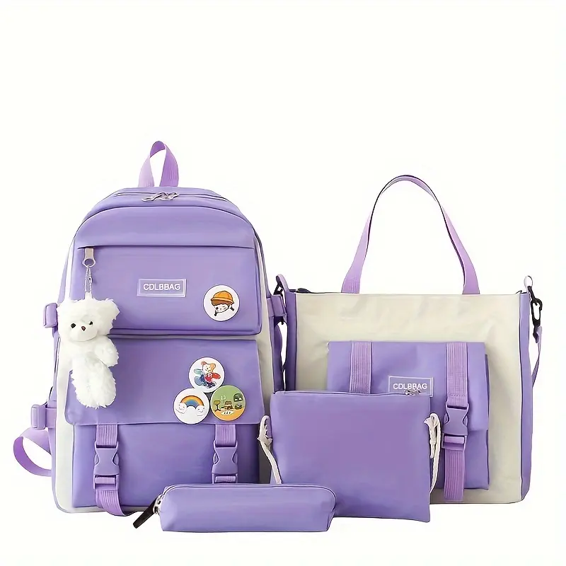 4pcs/set Simple Casual Backpack Large Capacity School Bag Travel Bag Canvas Shoulder Bag For Students 3