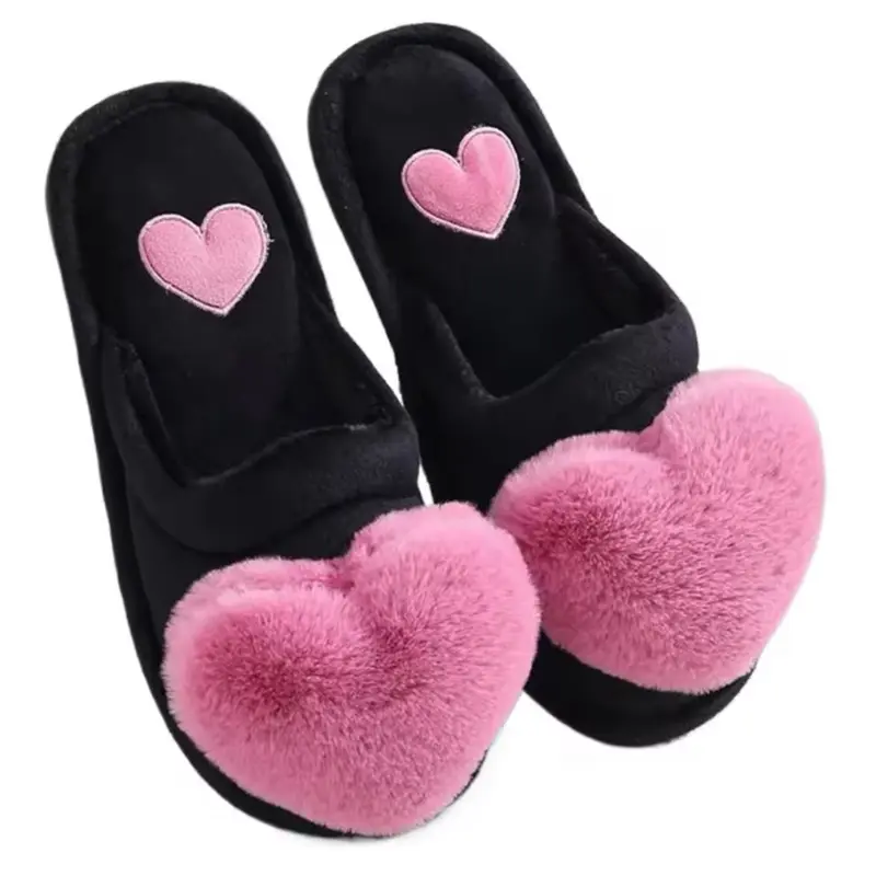 Women's Plush Heart Slippers - Fuzzy, Non-Slip Slip-on House Shoes - Girl, Footwear Comfort Flat Soft Flipflop Slide 3