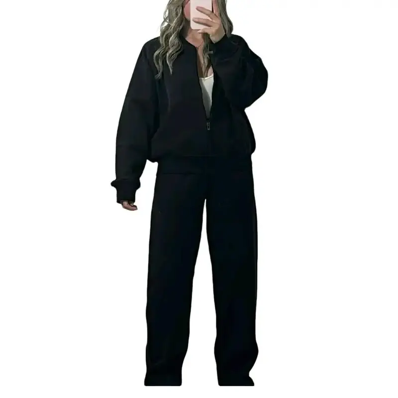 Love On Replay Bomber Jacket And Straight Leg Jogger Loungewear Set Casual Comfort Fabric Womenswear Fashion Adjustable Breathable Chic Comfortable Clothing Day Drawstring Everyday Pockets Polyester Ribbed Soft 2