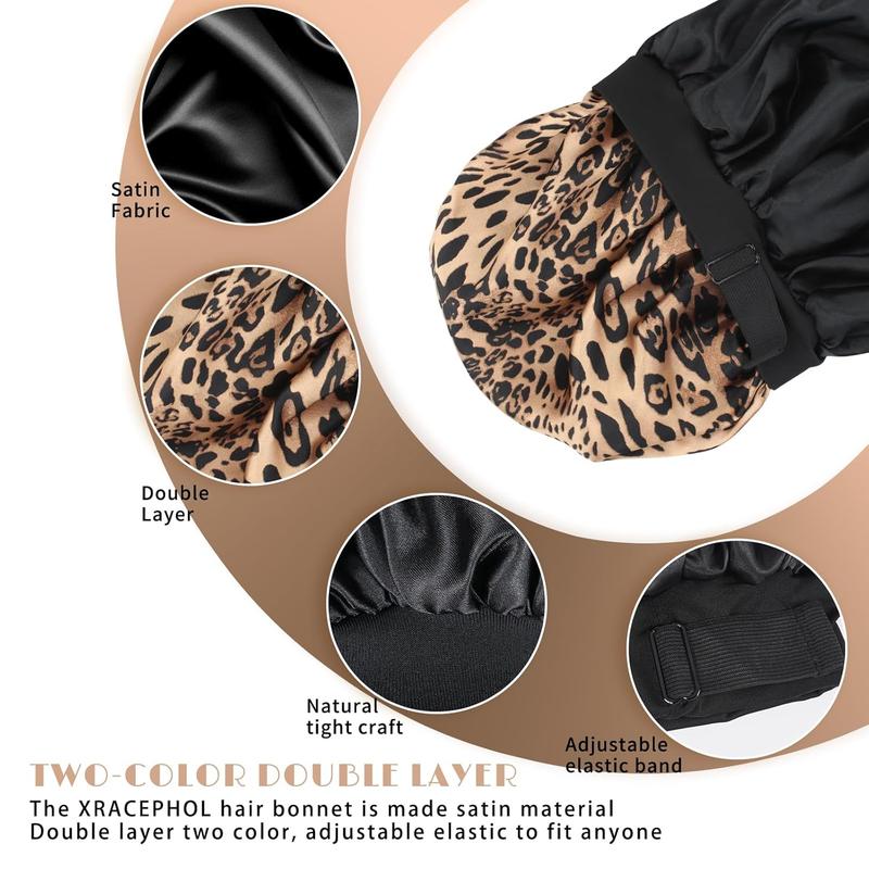 Silk Bonnet for Sleeping Double Layer Satin Bonnet Adjustable Bonnets for Black Women Sleep Cap Reversible Hair Bonnet for Curly Hair (Black and Leopard) 2